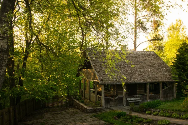 Old Vintage Wooden Sauna House Outdoors People Green Countryside Nature — Foto de Stock