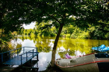 Panoramic viewpoint of green Protected wetlands lake summer sunny day in Kolkheti national park. Travel sightseeing destination around Batumi in Georgia