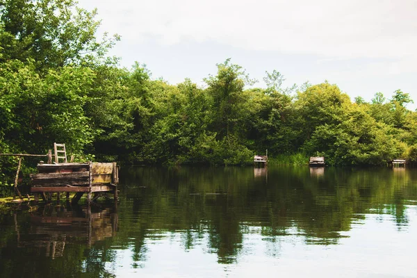 Lake Panorama Wooden Structures Kolkheti National Park Famous Sightseeing Destination — Stok fotoğraf