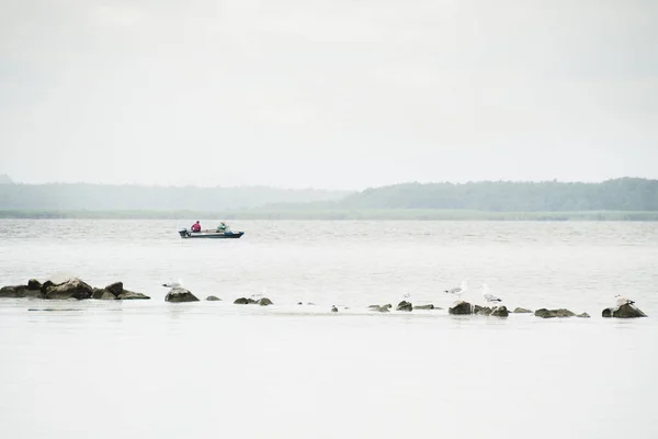 Two Fisherman Boat Fishing Paliastomi Lake Seagulls Stand Rocks Foreground — 스톡 사진