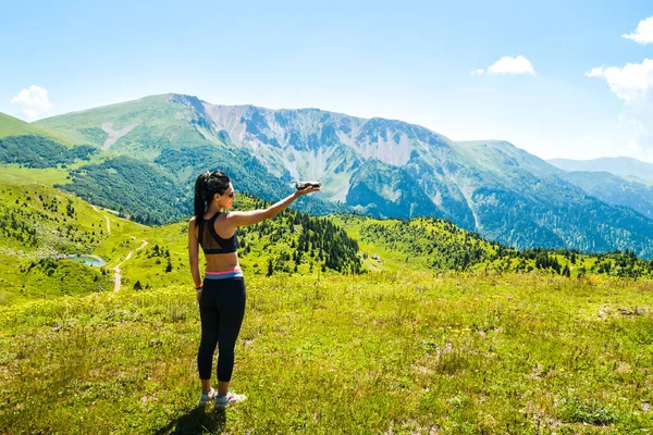 Young Caucasian Woman Hold Mini White Alpine Color Drone Scenic — Fotografia de Stock