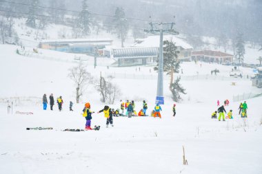 Bir grup çocuk Bakuriani Kayak Akademisi, Georgia 'da kayak öğreniyor.