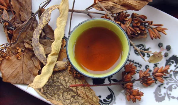Natura morta con una piala con tè, foglie secche e frutta — Foto Stock