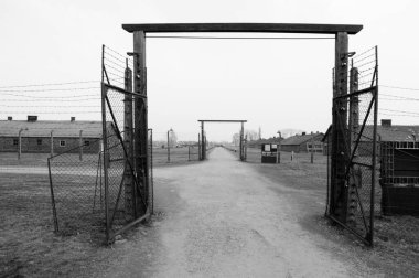 AUSCHWitz, POLAND - 30 Mart 2012 Melankolik görüntü toplama kampındaki açık kapılar dikenli tellerle çevrili. Çok yumuşak ve eski görünümlü.