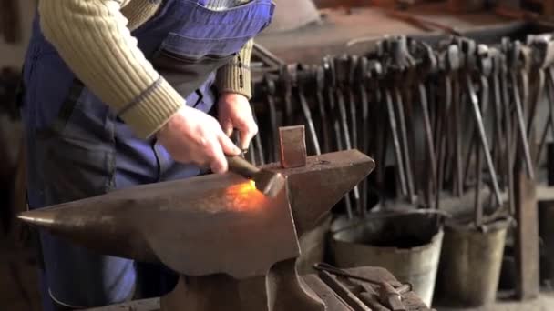 鍛冶屋のフォージは、アンビルにヒンジ。ホットレッドスチールのハンマー — ストック動画
