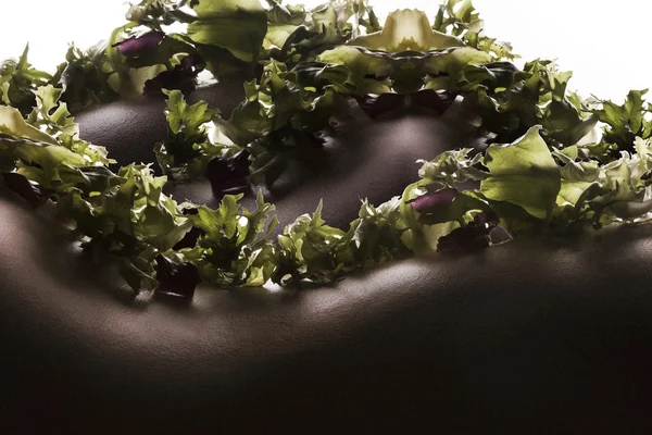 Composizione d'insalata su pelle di donna — Foto Stock