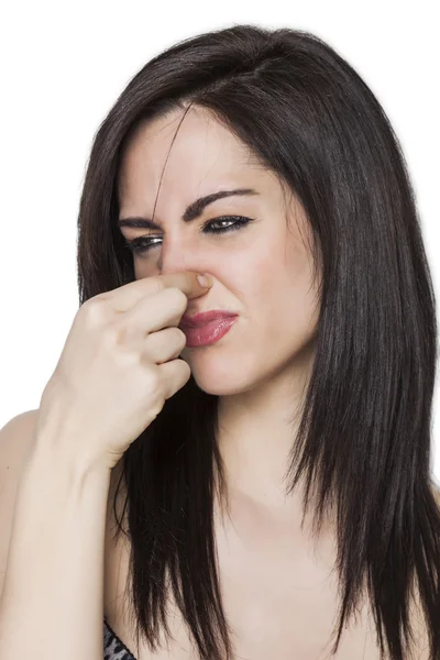 Menina cheirando um mau perfil de odor — Fotografia de Stock