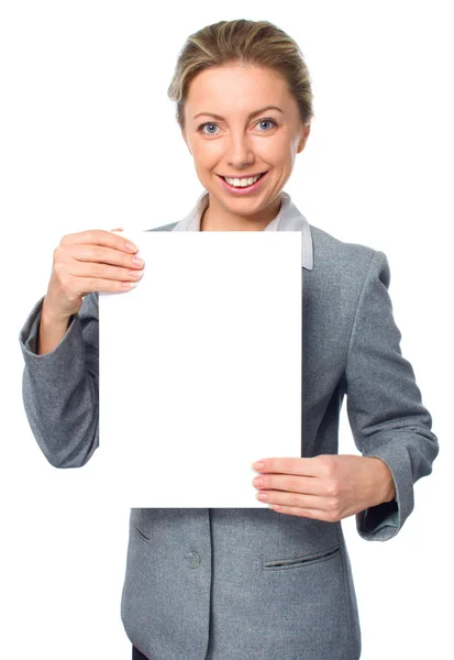 Retrato de mulher de negócios com banner branco em branco — Fotografia de Stock