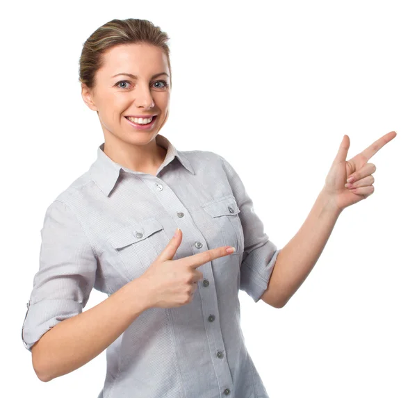 Business woman is pointing aside Stock Image