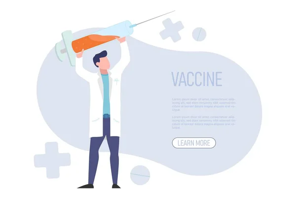 Vaccine Complete Development Web Illustartions Doctor Hold Hands Gian Syringe — ストックベクタ