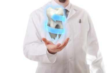 Male doctor showing a molar tooth clipart