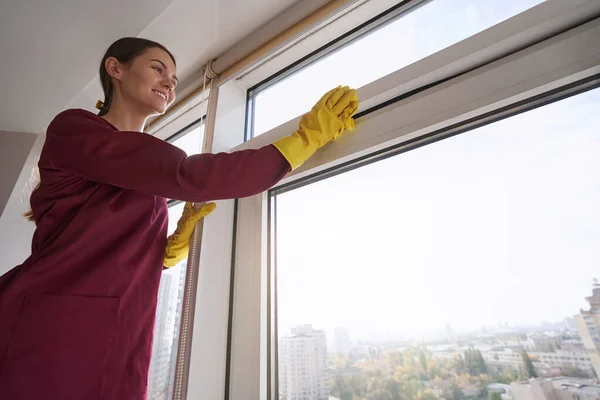 Fröhliche junge kaukasische Putzfrau putzt Fenster — Stockfoto