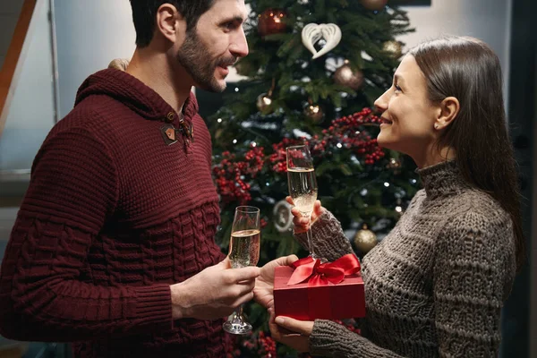 Uomo e donna si congratulano a vicenda Buon Natale e con champagne in mano — Foto Stock