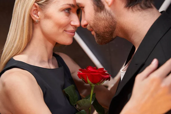 Пара танцює з трояндою між ними — стокове фото
