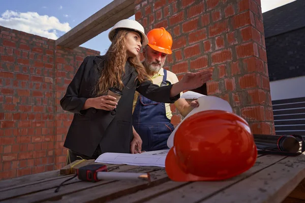 Builder checking layout while engineer pointing with hand at building — Stockfoto