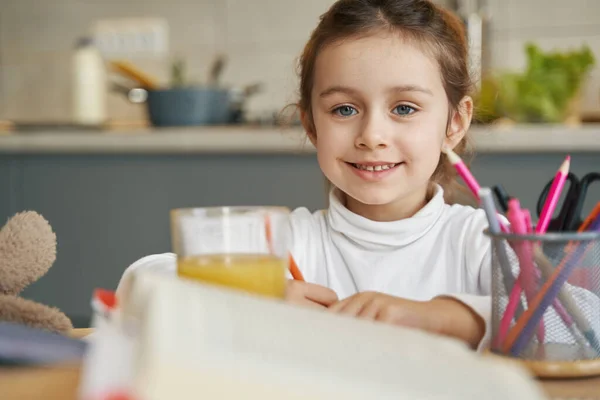 Joyful kid staring into camera during painting in notepad — Stock Photo, Image