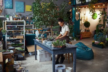 Memnun bir çiçekçi dikmek için sulu bir şey hazırlıyor.