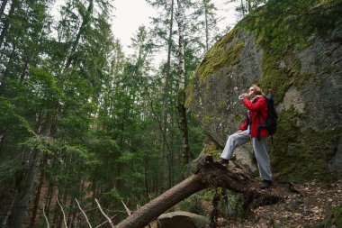 Yürüyüşçü ağaç gövdesinde dikilirken içki içiyor.