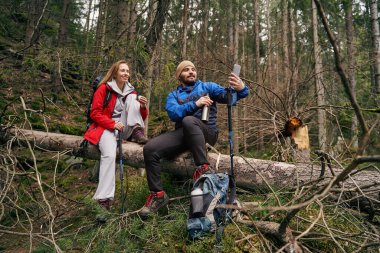 Yürüyüşçüler düşen ağaçtan çayla selfie çekiyorlar.