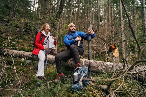 Yürüyüşçüler düşen ağaçtan çayla selfie çekiyorlar.