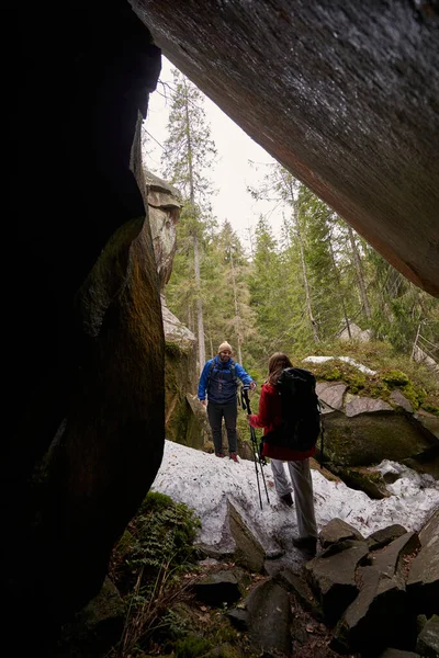 Birlikte ormanda yürüyüş yapan aktif bir çift.