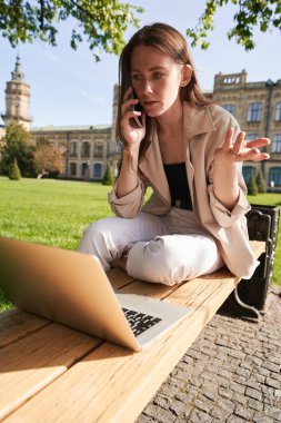 Zarif bir kadının parkta oturduğu ve akıllı telefonla konuşurken dizüstü bilgisayarda çalıştığı düşük açı.