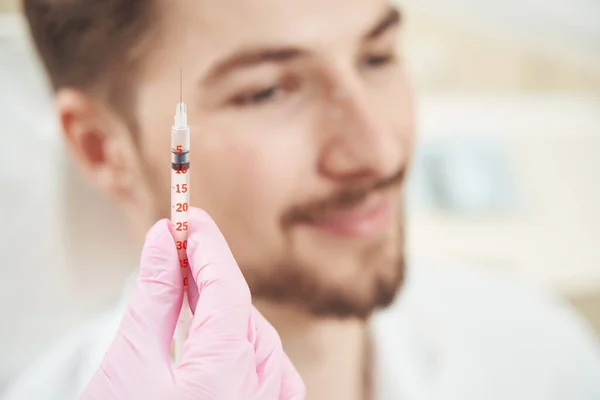 Aesthetic Center Worker Keeping Botulinum Toxin Syringe Hand Front Male — Stock Photo, Image