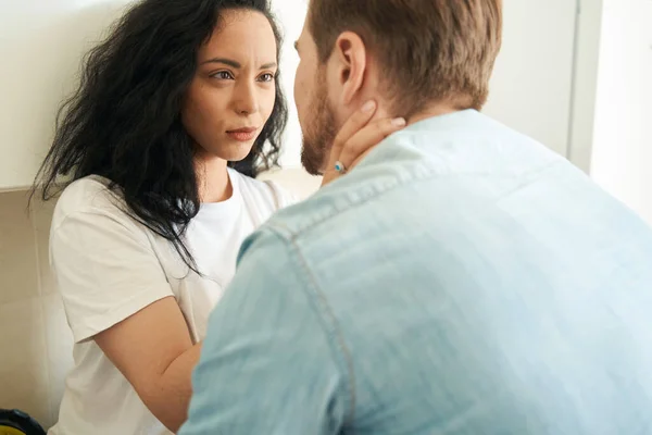 Serious Concentrated Female Staring Her Male Companion While Touching His — Stock Photo, Image