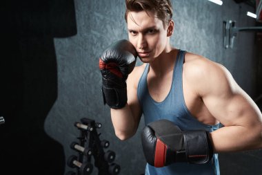 Boks eldivenli sporcunun belden yukarı portresi dövüş duruşunda duruyor.