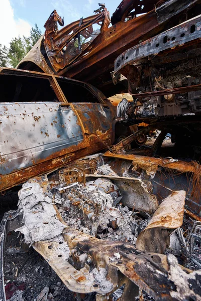Staalsoorten Afkomstig Van Kapotte Verbrande Voertuigen Die Tijdens Oorlogsacties Oekraïense — Stockfoto