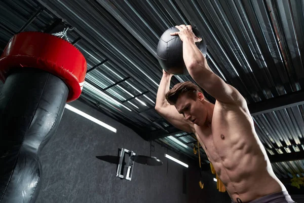 Waist Portrait Serious Sporty Guy Performing Standing Overhead Medicine Ball — Stock Photo, Image