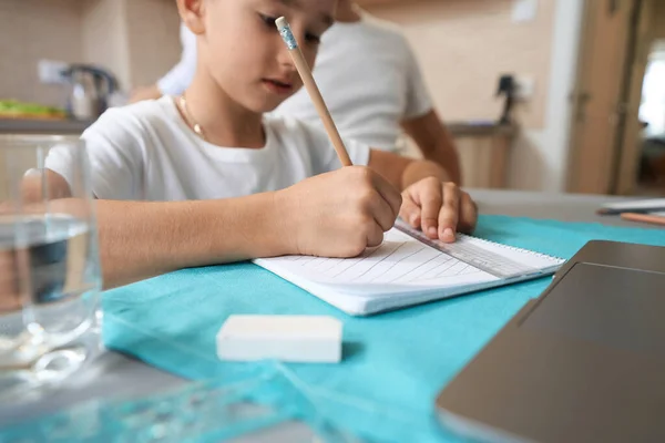 Boy Using Ruler Pencil Drawing Geometrical Shapes Notebook Studying — ストック写真