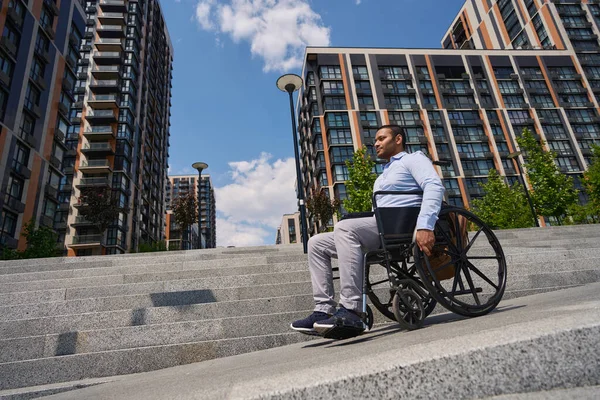 Low Angle Man Disability Going Stairs Manual Wheelchair — ストック写真