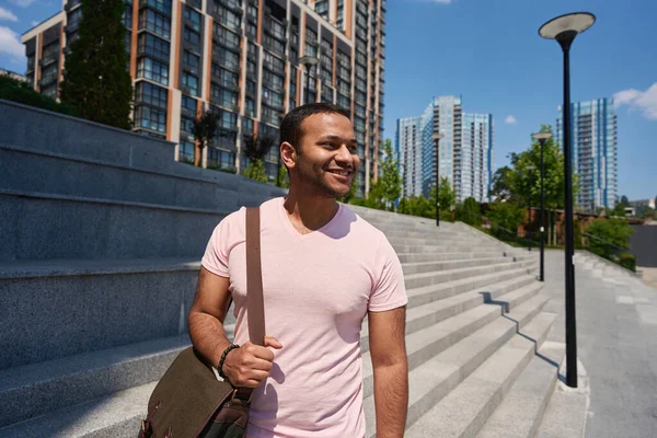 Waist Portrait Joyful Guy Standing Stairs Looking Distance — Photo