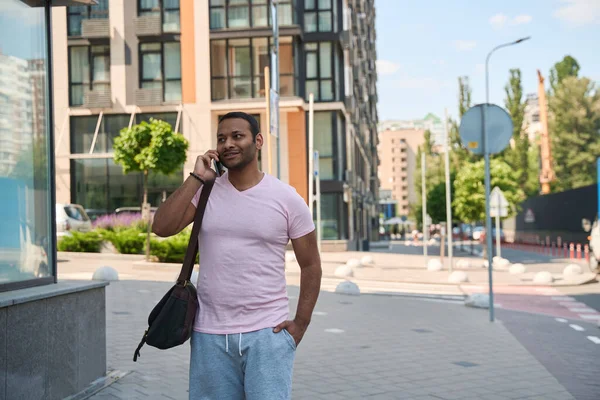 Young Male Person Standing Sidewalk Office Building Phone Conversation — Photo