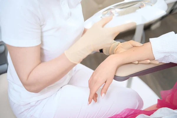 Doctor Gloves Examines Patient Hand Procedure Wrinkle Injections —  Fotos de Stock