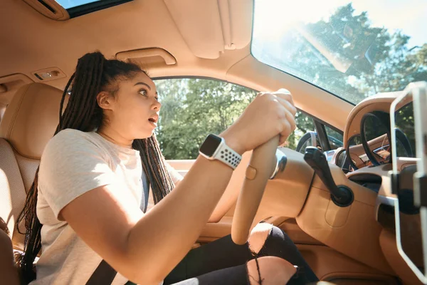 Scared Female Driver Sitting Steering Wheel Automobile Staring Distance — Fotografia de Stock