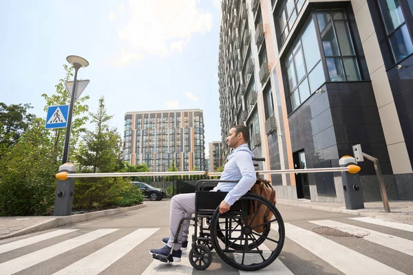 Side View Sad Thoughtful Young Male Sitting Wheelchair Looking Distance — ストック写真