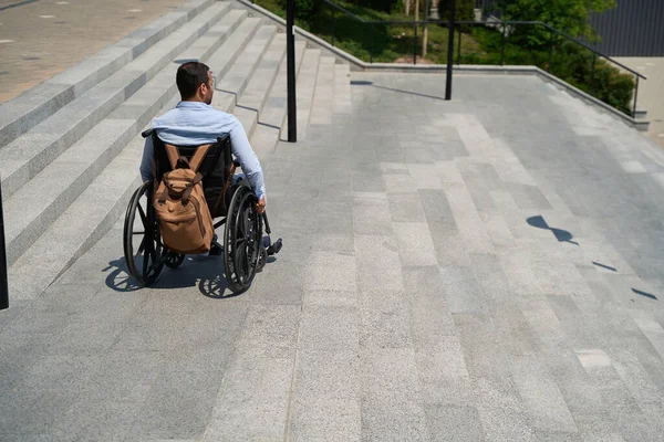 Back View Disabled Male Person Going External Stairs Wheelchair — Stock Photo, Image