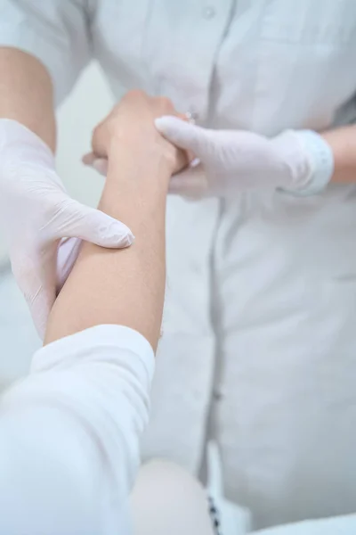 Doctor White Gloves Examines Skin Patient Forearm — Foto de Stock