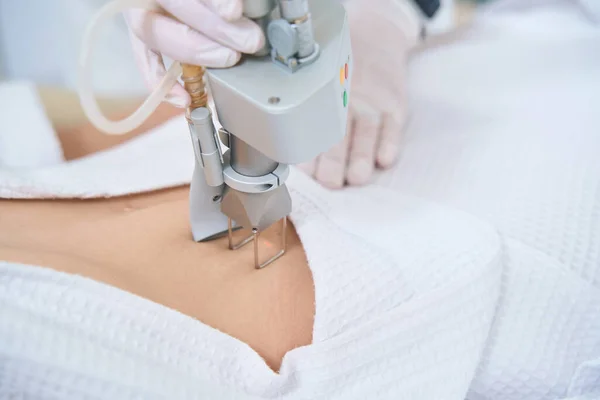 Cosmetologist Performs Procedure Removing Neoplasms Laser Medical Cosmetology Center — Stock Fotó