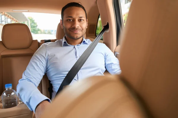 Male Passenger Sitting Backseat Taxicab Fastened Seat Belt — ストック写真