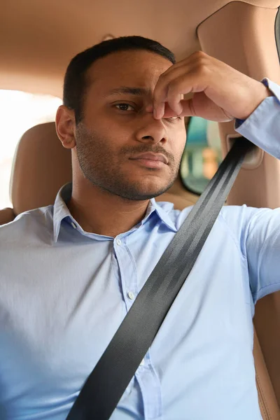 Portrait Sad Car Passenger Pinching Bridge His Nose Looking Him — 스톡 사진