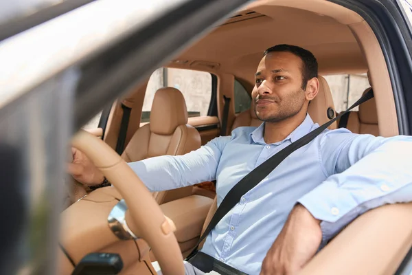 Calm Driver Sitting Front Seat Automobile Fastened Seat Belt — ストック写真