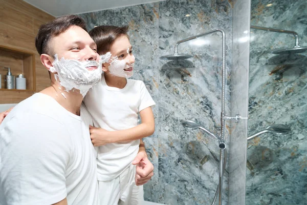 Shaving Has Become Fun Dad Little Son Both Lathered Good — Stock Photo, Image