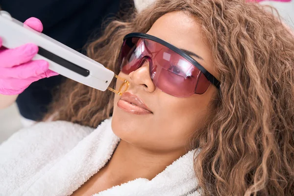 Woman Goggles Undergoing Laser Hair Removal Procedure Antennae — 스톡 사진