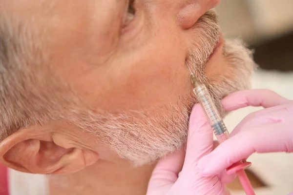 Gray Haired Man Beard Receives Beauty Injection Cheek Close Photo — Stockfoto
