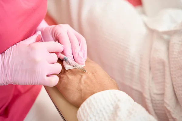 Woman Hands Syringe Injected Beauty Injection Patient Hand Closeup Photo — Fotografia de Stock