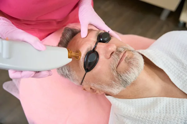Adult Man Glasses Getting Laser Hair Removal His Face Female — 스톡 사진
