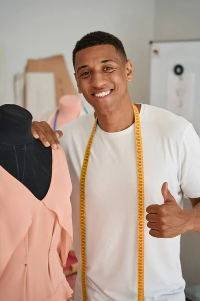 Waist Portrait Smiling African American Dressmaker Standing Mannequin Pink Clothes — Zdjęcie stockowe